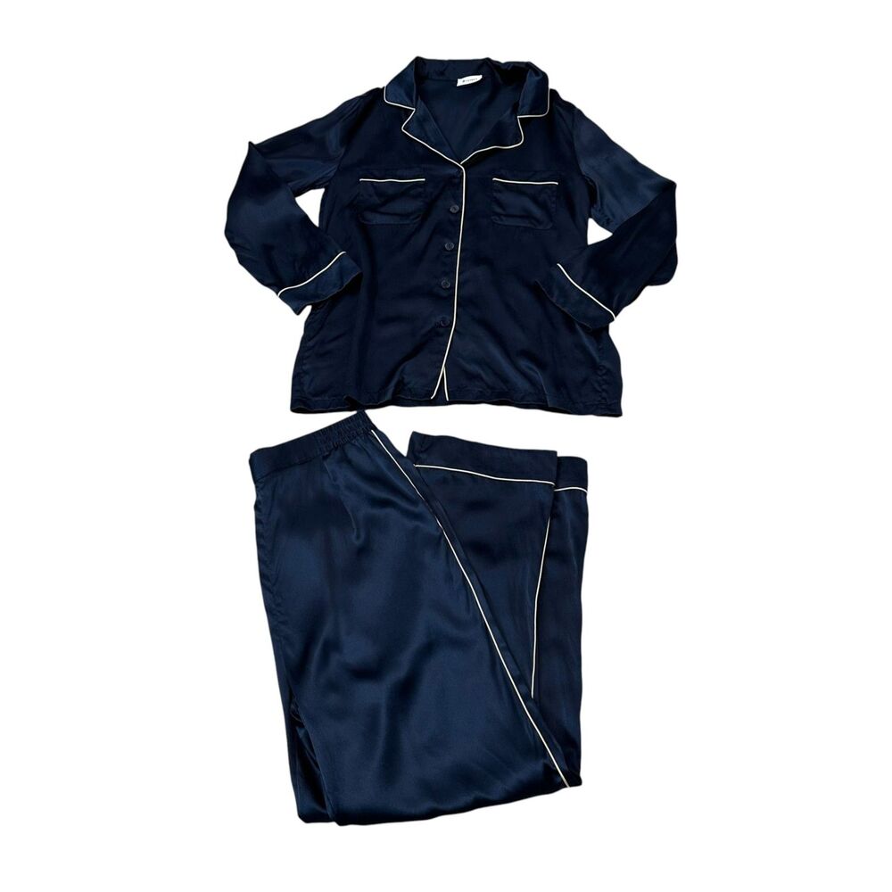 Lilysilk Gold Piping Silk Pajamas Set in Navy Blue Size S